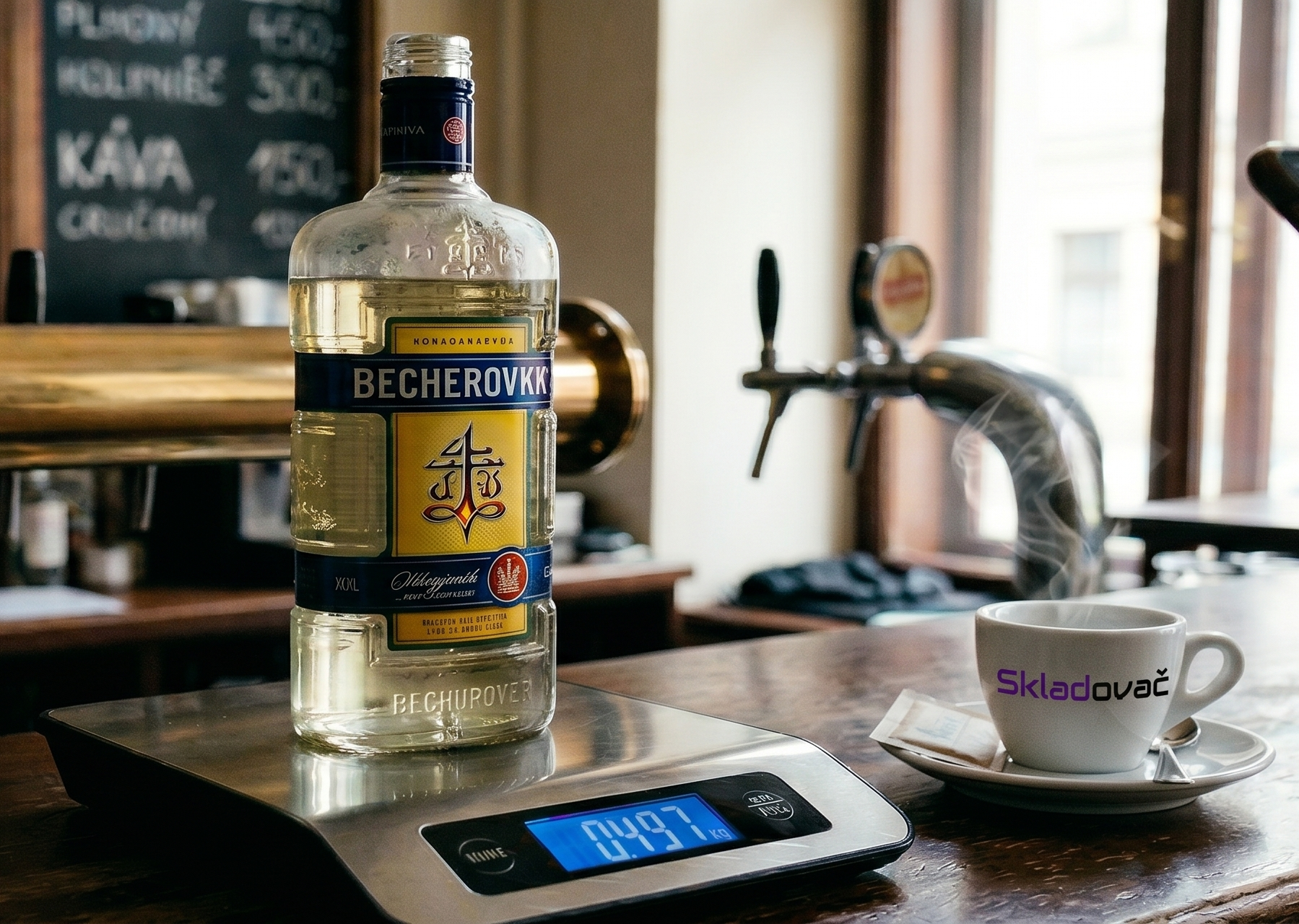 Vážení lahve Becherovka na baru se Skladovačem